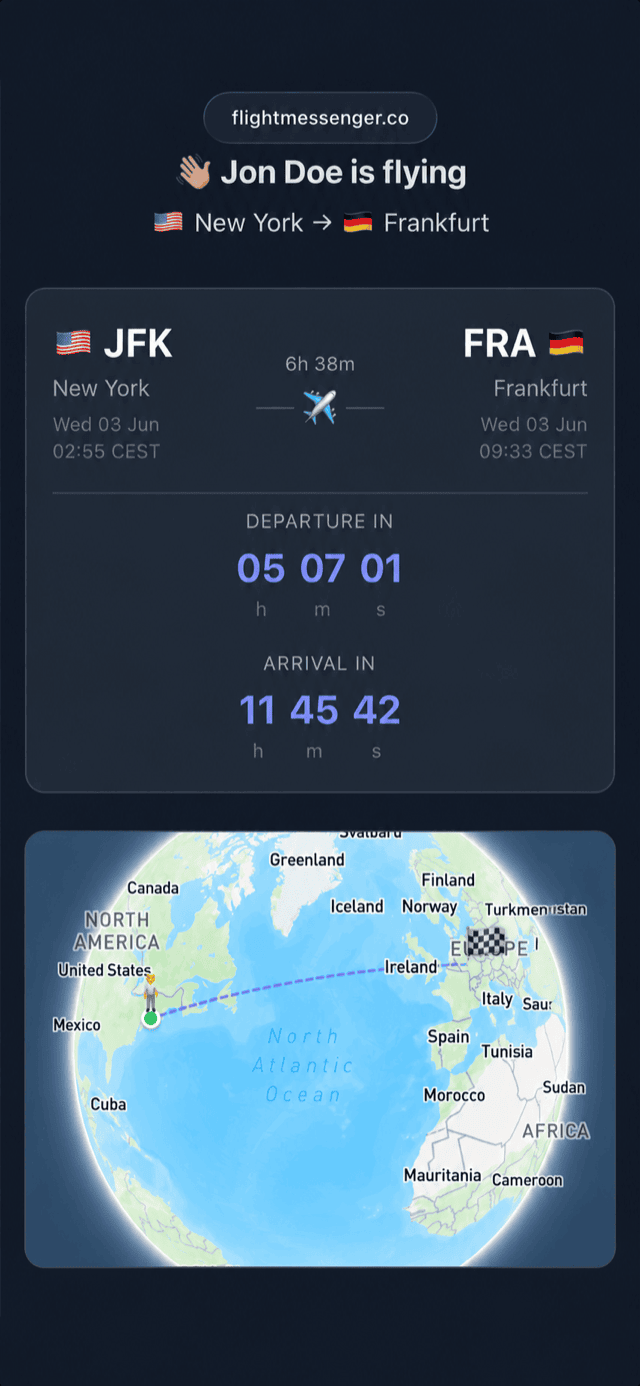 A FlightMessenger live tracking page with flight status, countdown to landing and the route on a globe